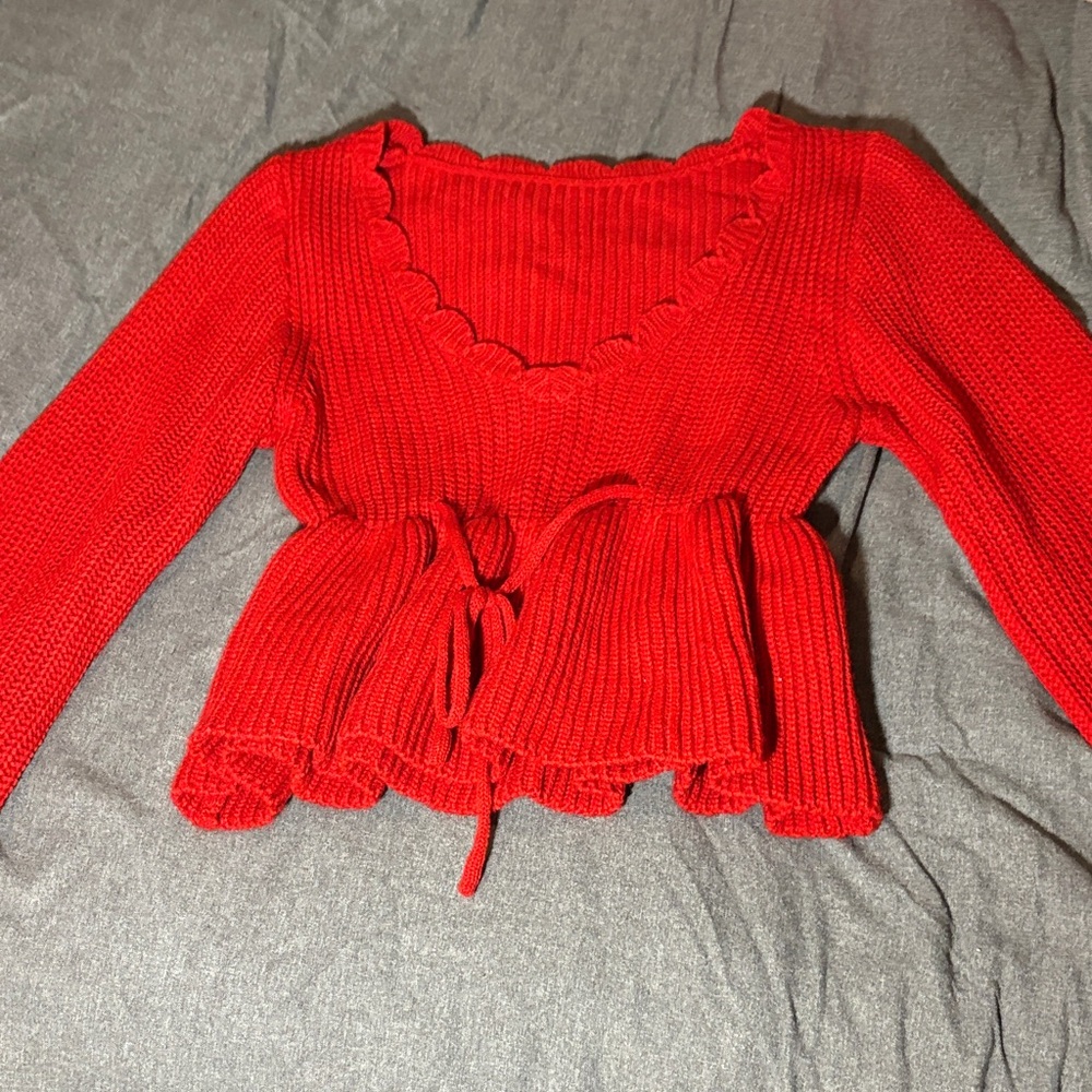 Red Scalloped Knit Sweater